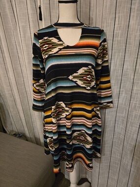 Yahada Southwestern Stripe Choker Midi Dress in Black, Teal, Mustard & Rust